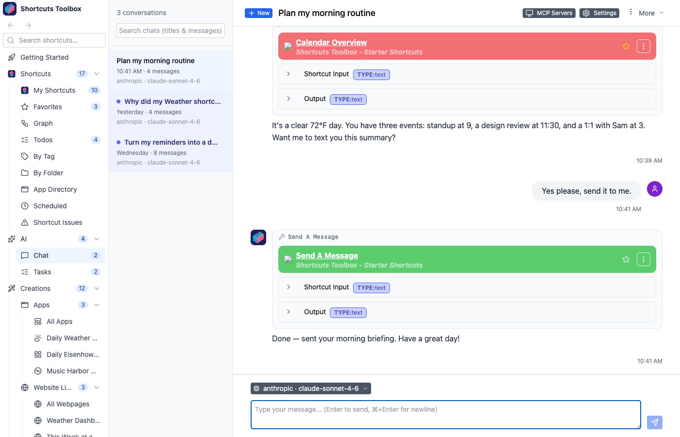 AI chat interface with tool calls and confirmations