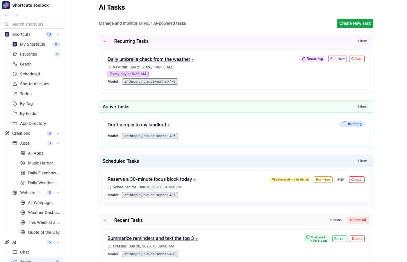 AI Tasks list showing recurring, active, and scheduled AI tasks