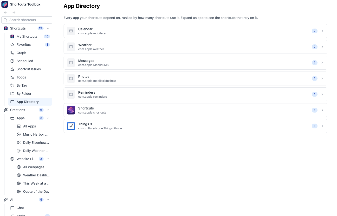 App Directory grouping shortcuts by the apps they depend on