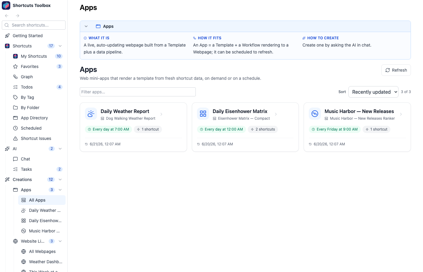 All Apps gallery showing AI-built app cards with custom icons