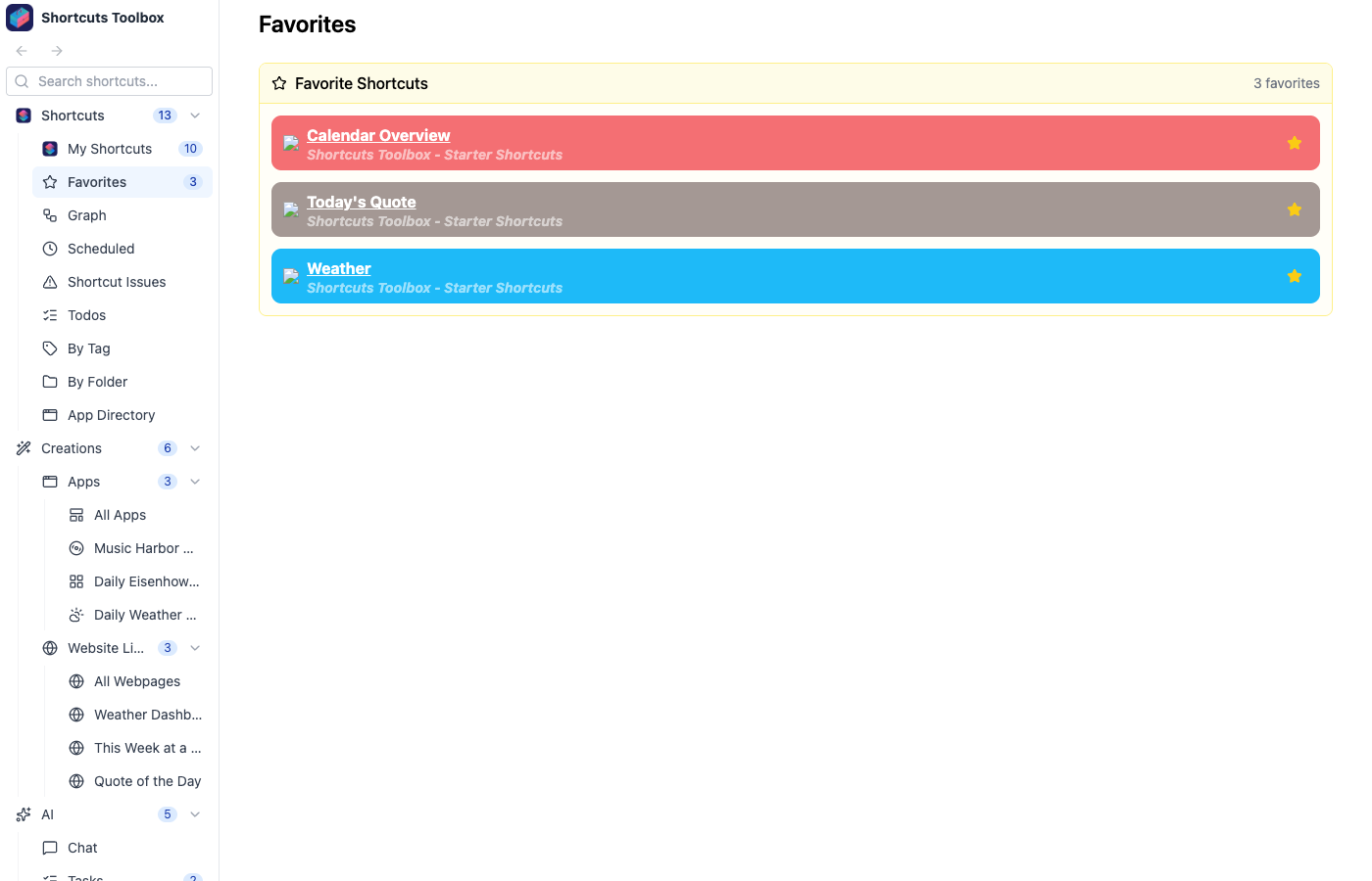 Favorites page showing starred shortcuts