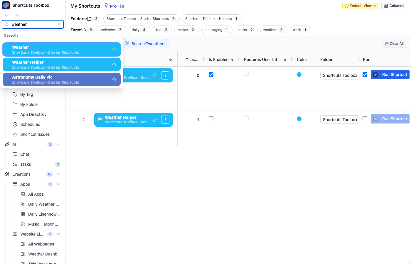 Global fuzzy search popover showing matched shortcuts and apps