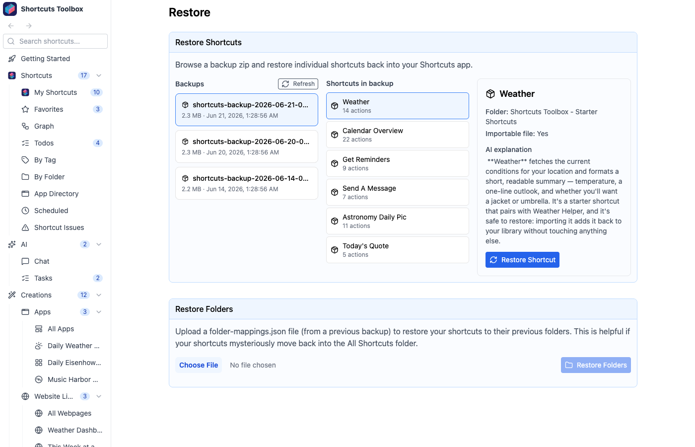 The Restore page: a backup selected, a shortcut opened, and the Restore button ready