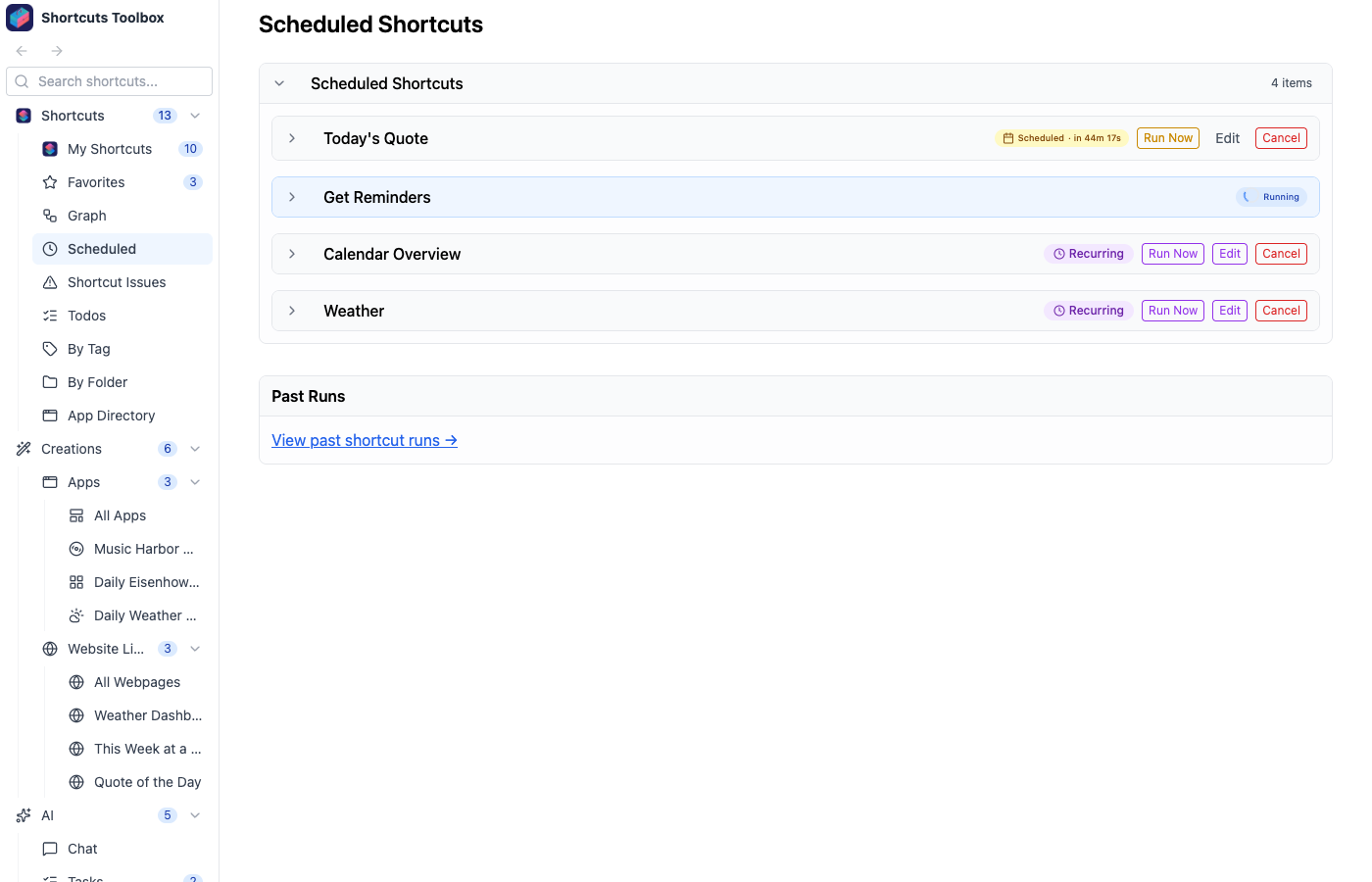 Scheduled tasks list showing upcoming and recurring jobs