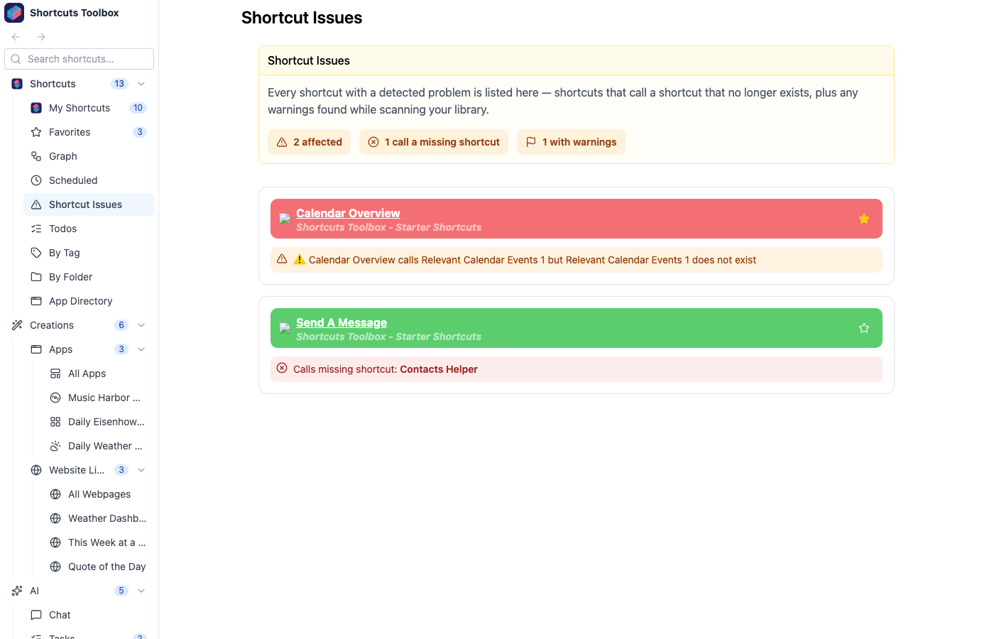 The Shortcut Issues audit page listing shortcuts that call missing shortcuts or carry warnings