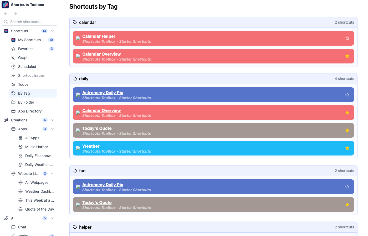By Tag view showing tag chips and shortcuts filtered by tag