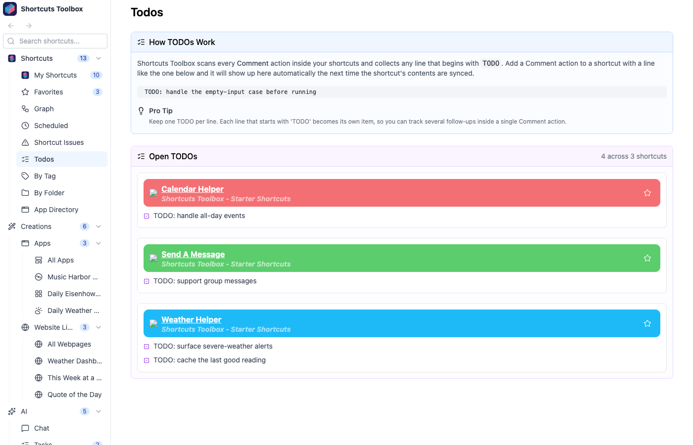 The Todos page listing TODO comments collected from across your shortcuts