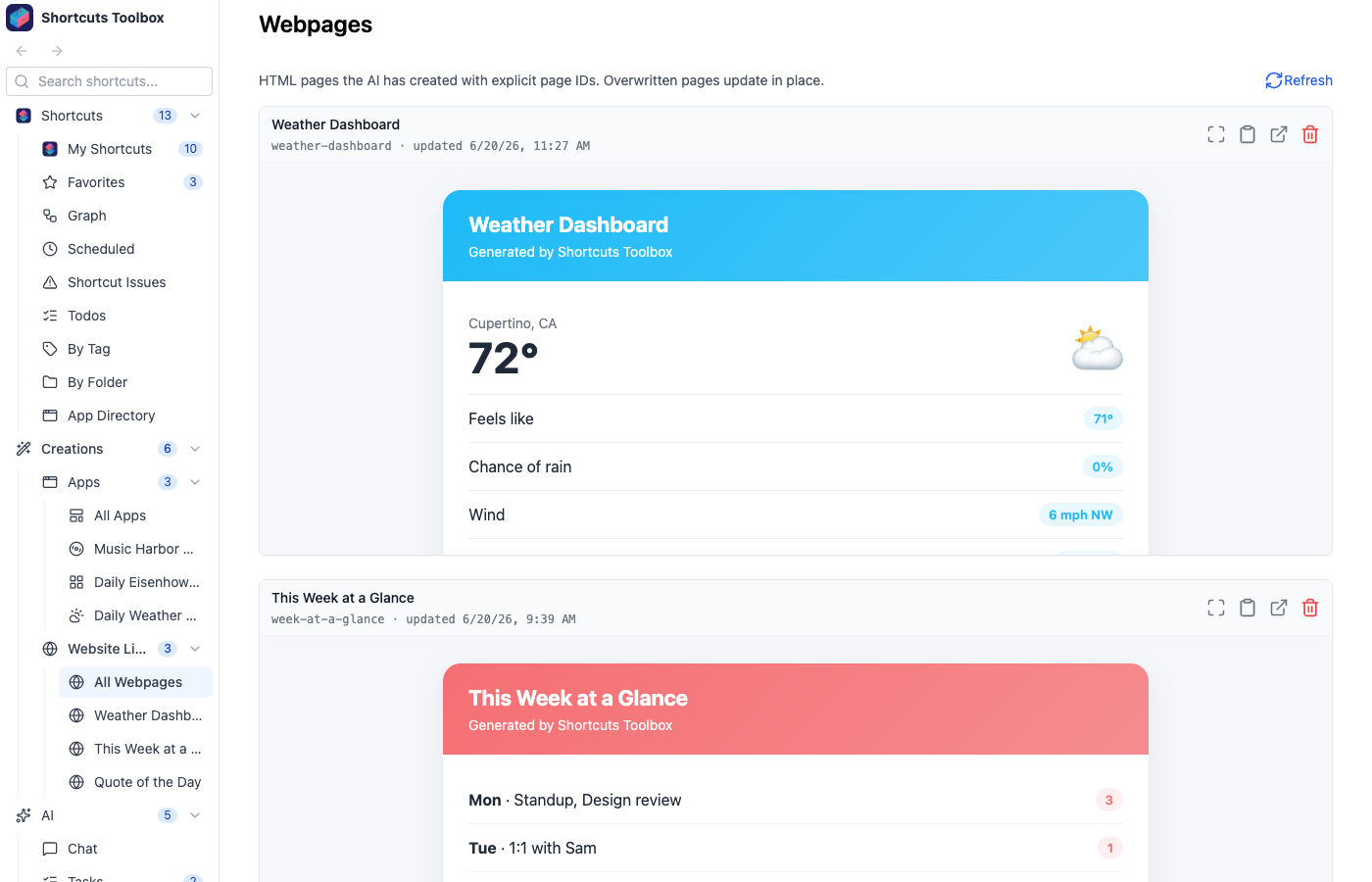 Webpages tab showing AI-generated HTML pages