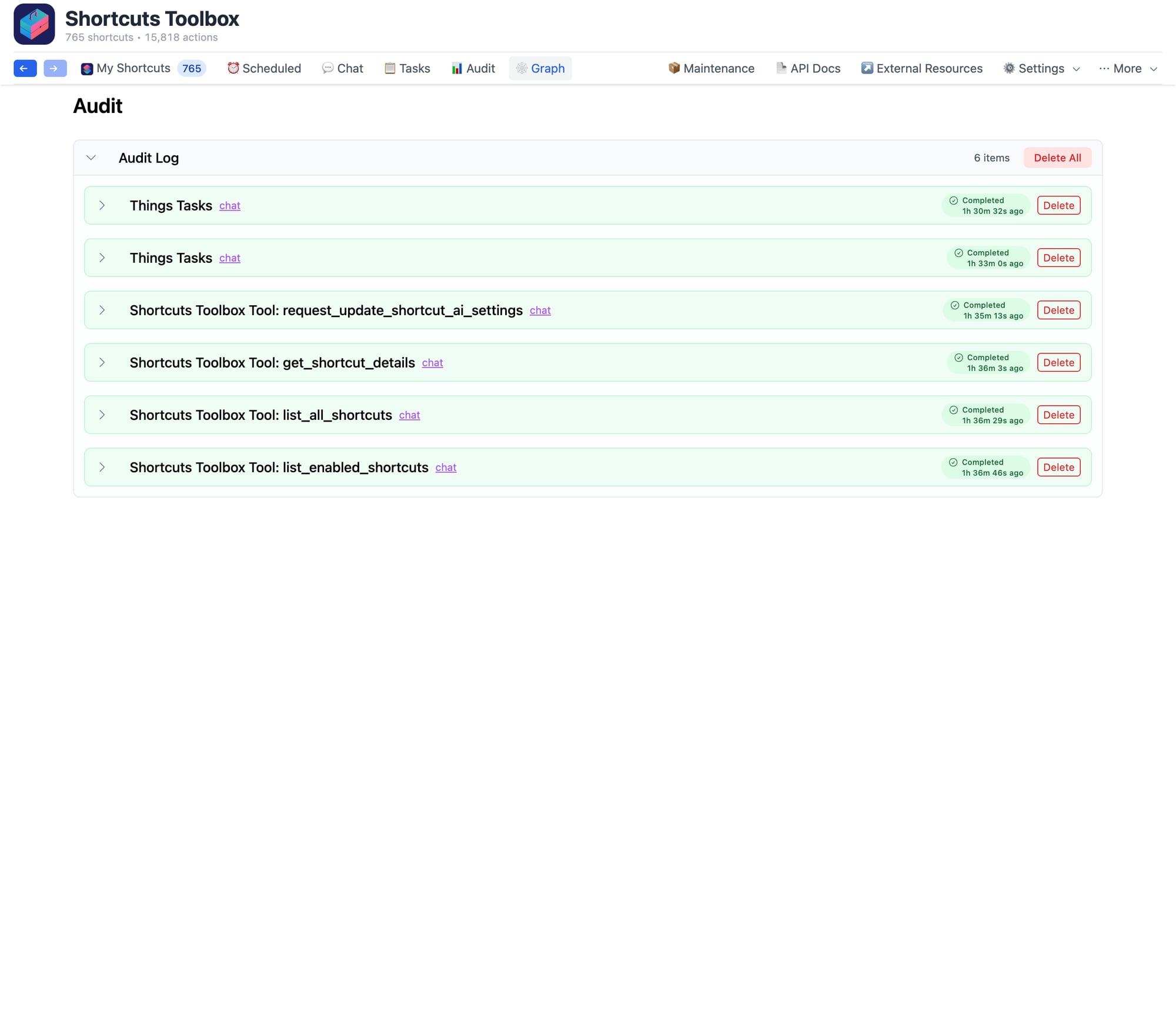 Audit log showing shortcut run history